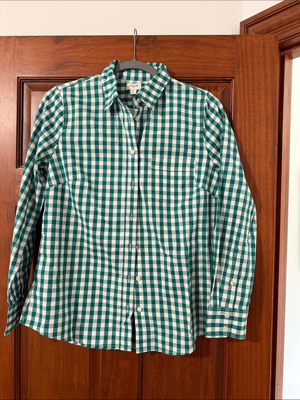 J. Crew Factory Teal and White Gingham Button-Up Shirt